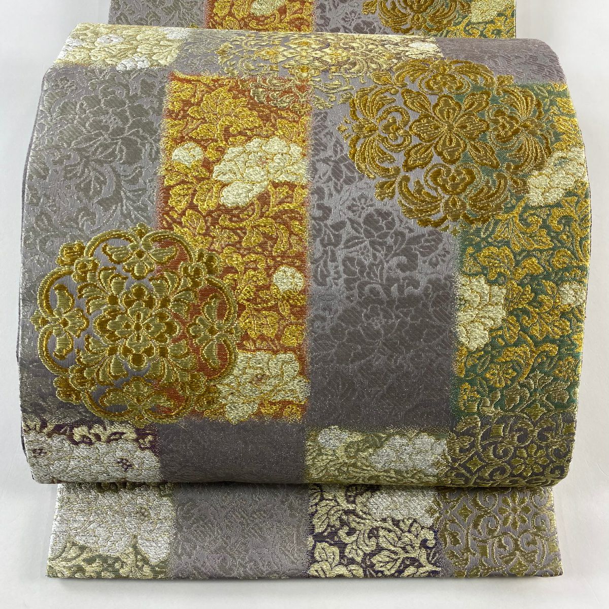 【庫存清倉】 【美品】 袋帶 名品級 華紋 草花紋 金糸 金金箔 灰紫 六通 純蠶絲