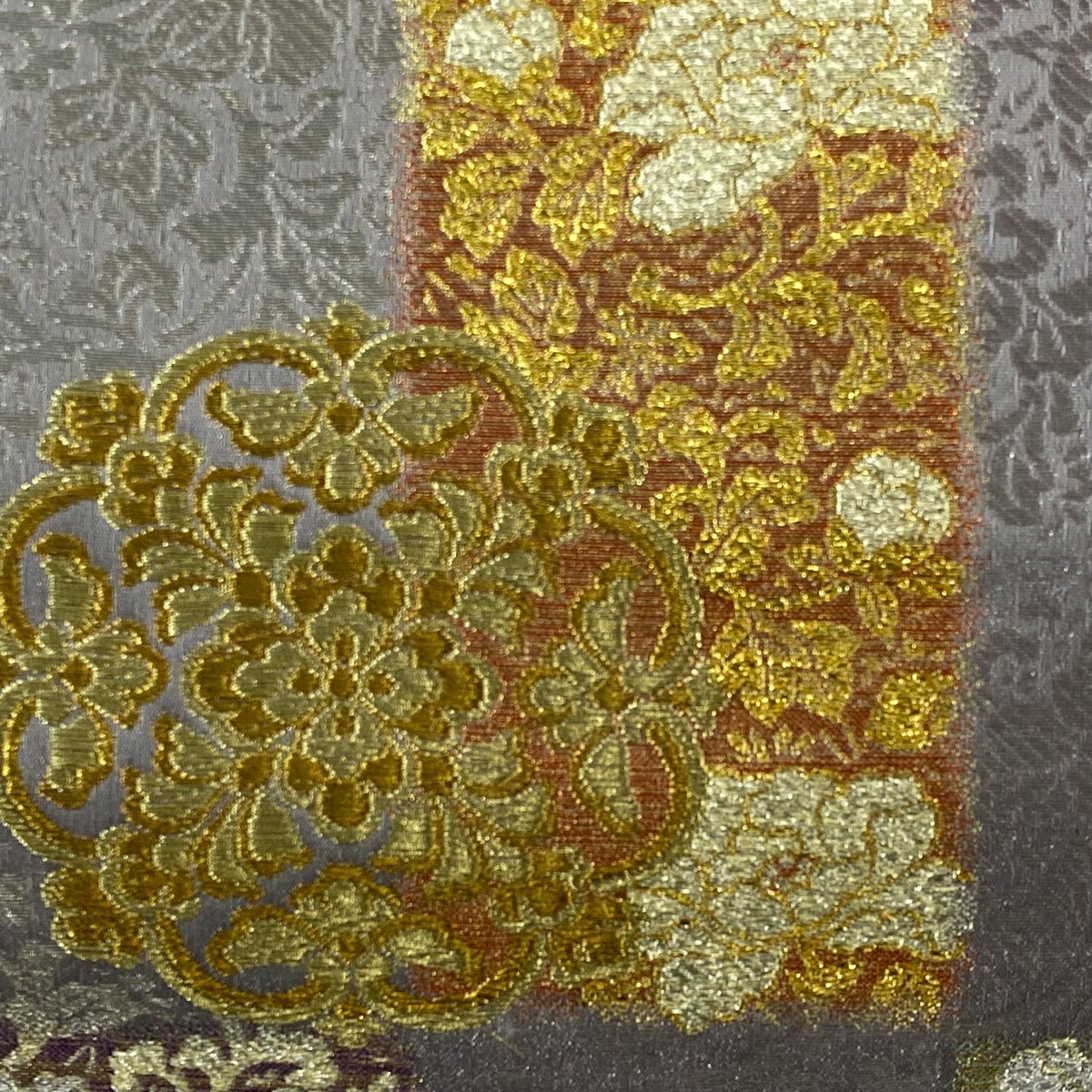 【庫存清倉】 【美品】 袋帶 名品級 華紋 草花紋 金糸 金金箔 灰紫 六通 純蠶絲