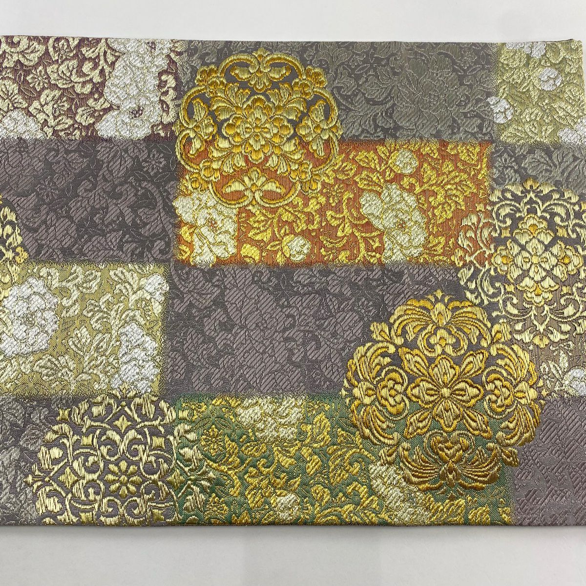 【庫存清倉】 【美品】 袋帶 名品級 華紋 草花紋 金糸 金金箔 灰紫 六通 純蠶絲