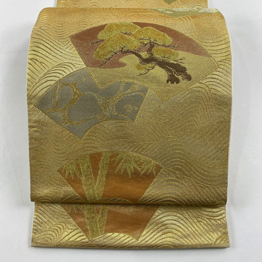 【清倉特賣】 【美品】 袋帶 名品級 川島織物 有落款 關西仕立 扇子面 松樹竹子梅花 金銀線 金金箔 金色 六通 純蠶絲