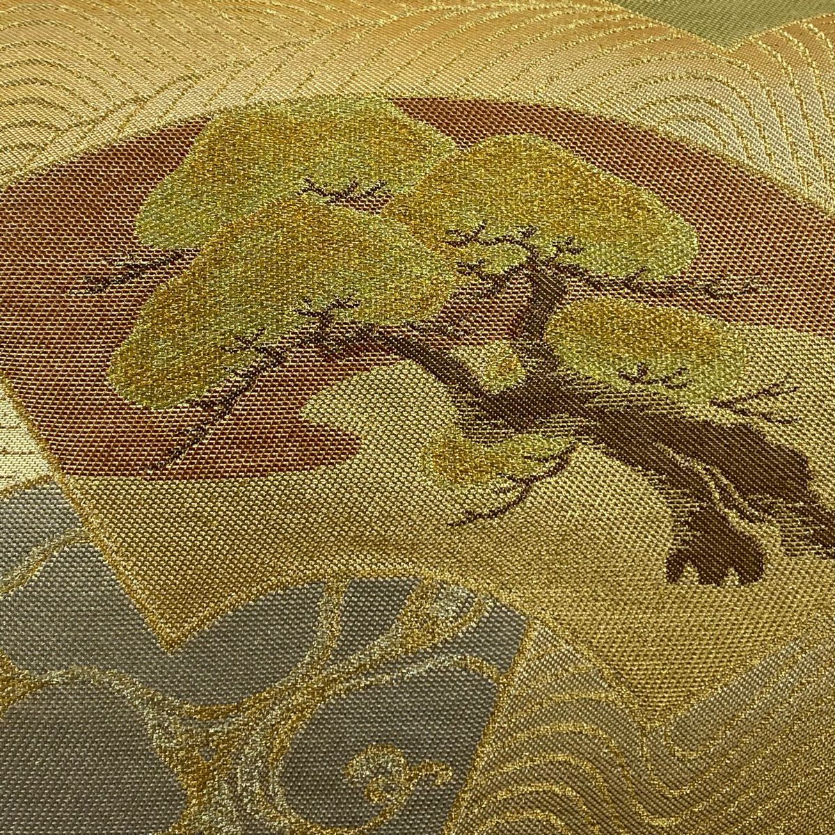 【清倉特賣】 【美品】 袋帶 名品級 川島織物 有落款 關西仕立 扇子面 松樹竹子梅花 金銀線 金金箔 金色 六通 純蠶絲