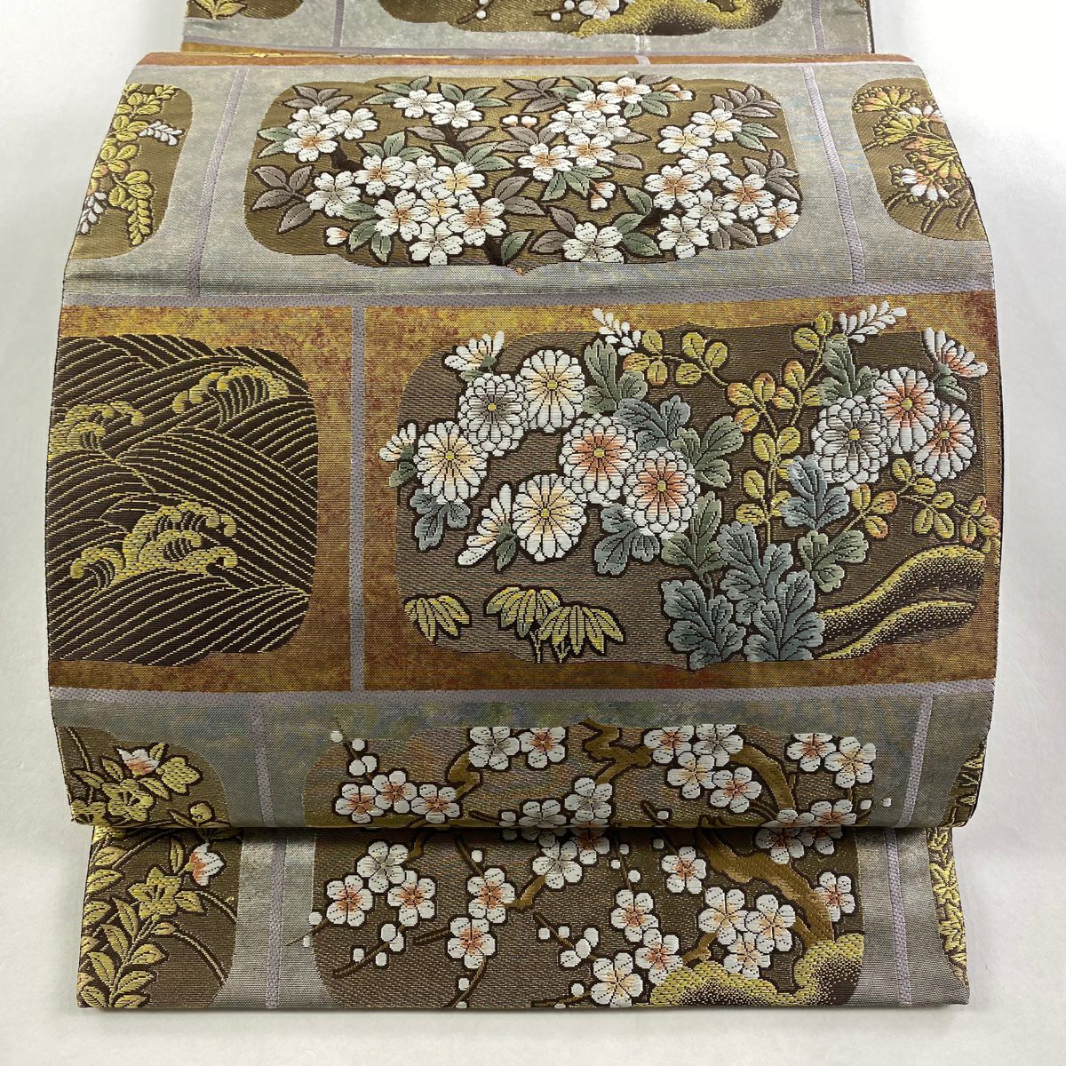 【美品】 袋帶 秀品級 藤 枝花 金絲 金金箔 銀 六通 純蠶絲