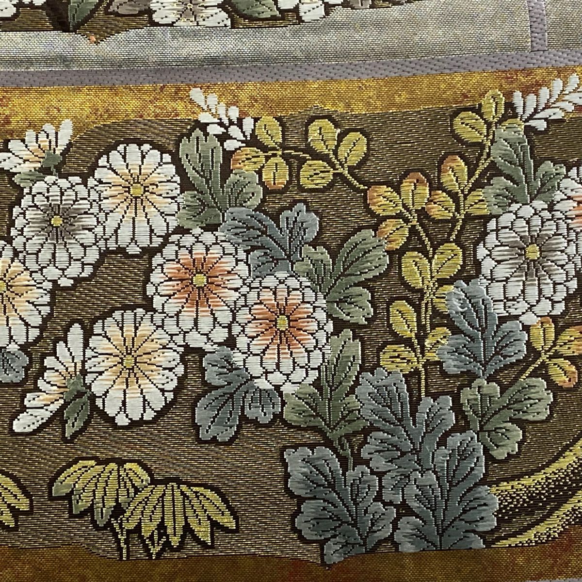 【美品】 袋帶 秀品級 藤 枝花 金絲 金金箔 銀 六通 純蠶絲