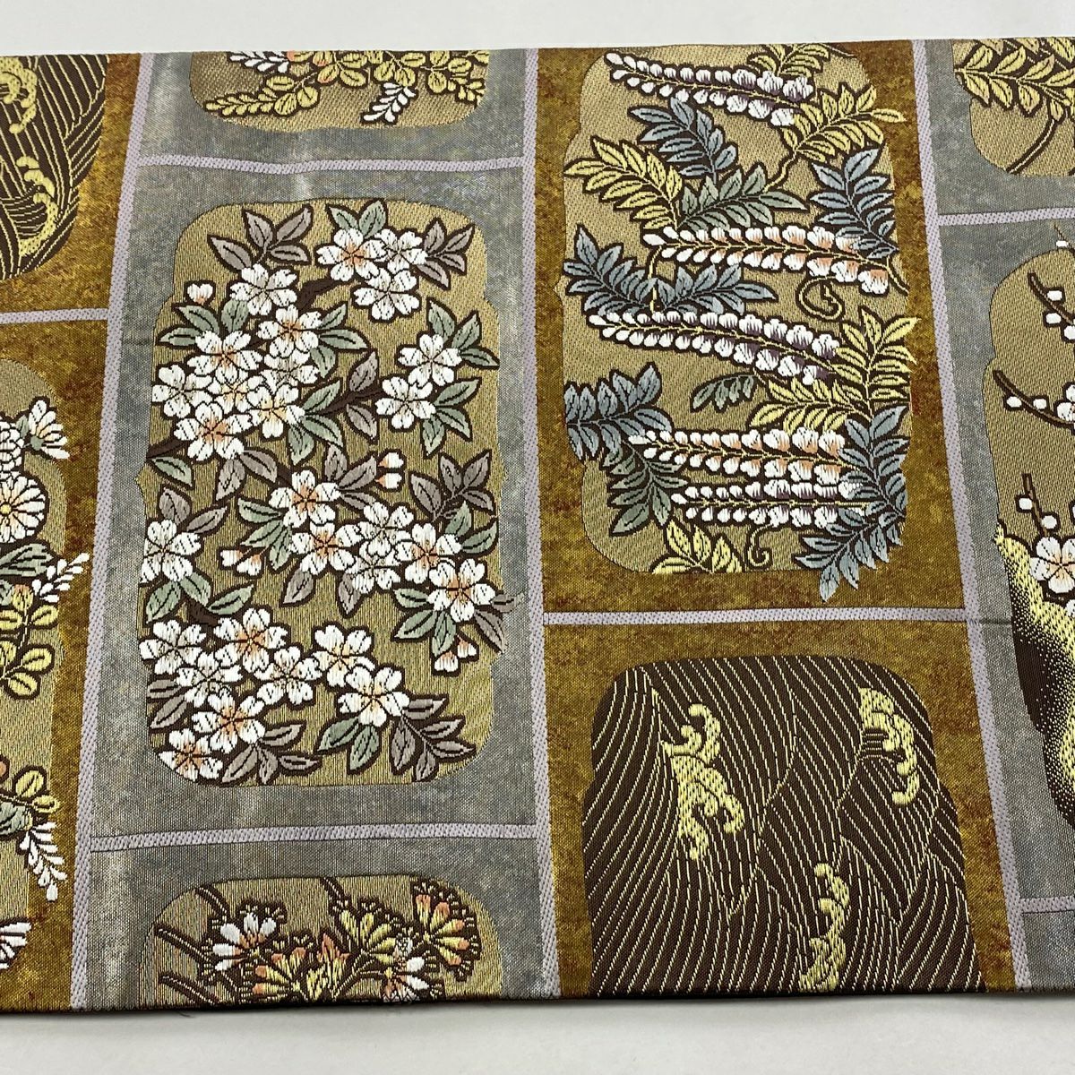 【美品】 袋帶 秀品級 藤 枝花 金絲 金金箔 銀 六通 純蠶絲