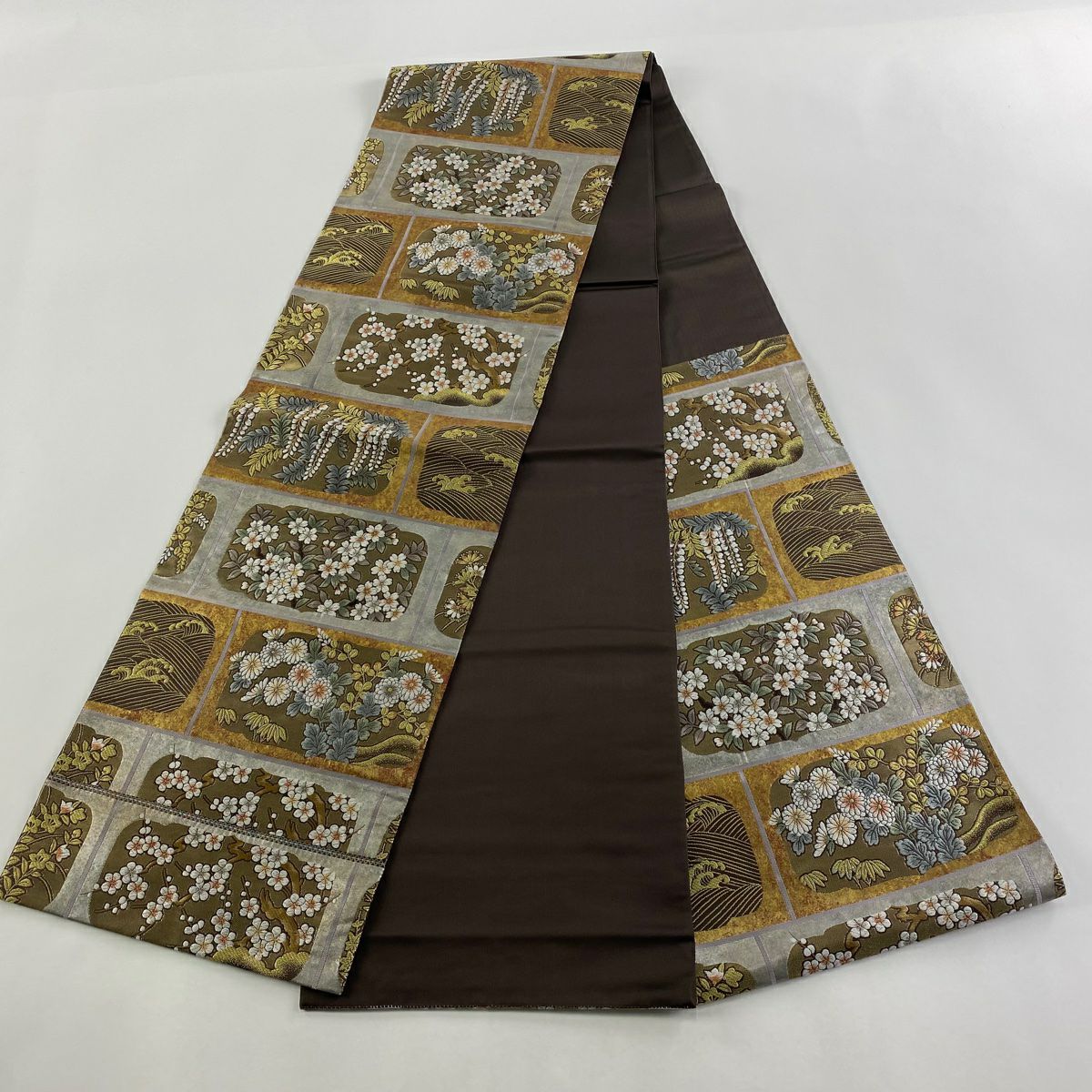 【美品】 袋帶 秀品級 藤 枝花 金絲 金金箔 銀 六通 純蠶絲