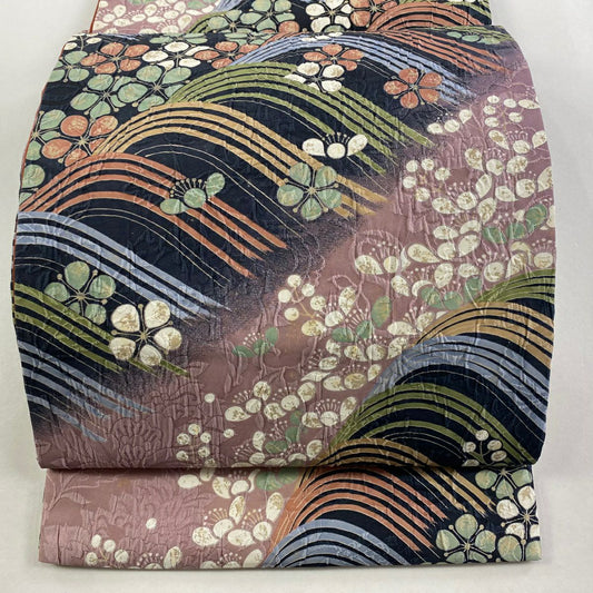 袋帶 秀品級 梅花 流水 小豆 深褐 全通 純蠶絲