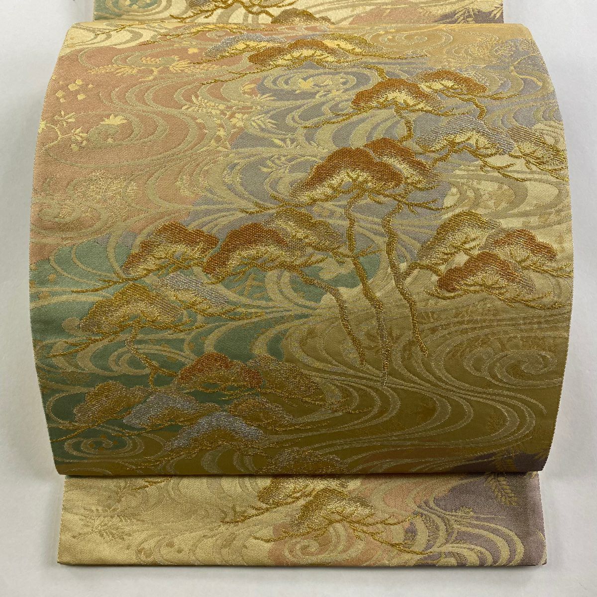 【美品】 袋帶 秀品級 松樹 観世水 金銀絲 金金箔 金色 六通 純蠶絲