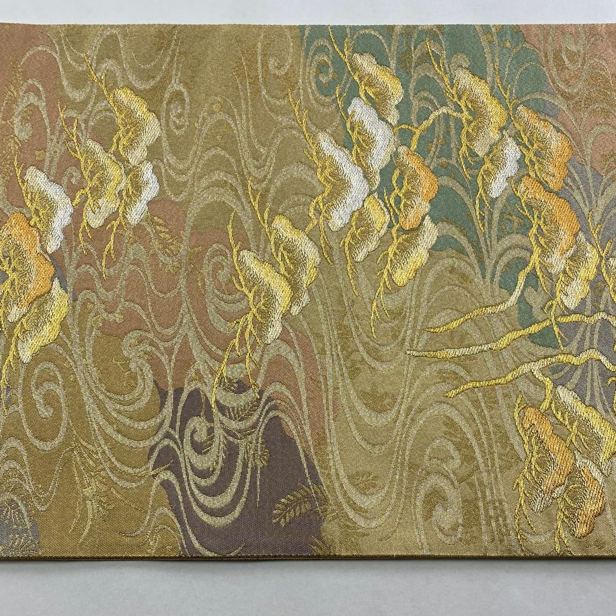 【美品】 袋帶 秀品級 松樹 観世水 金銀絲 金金箔 金色 六通 純蠶絲