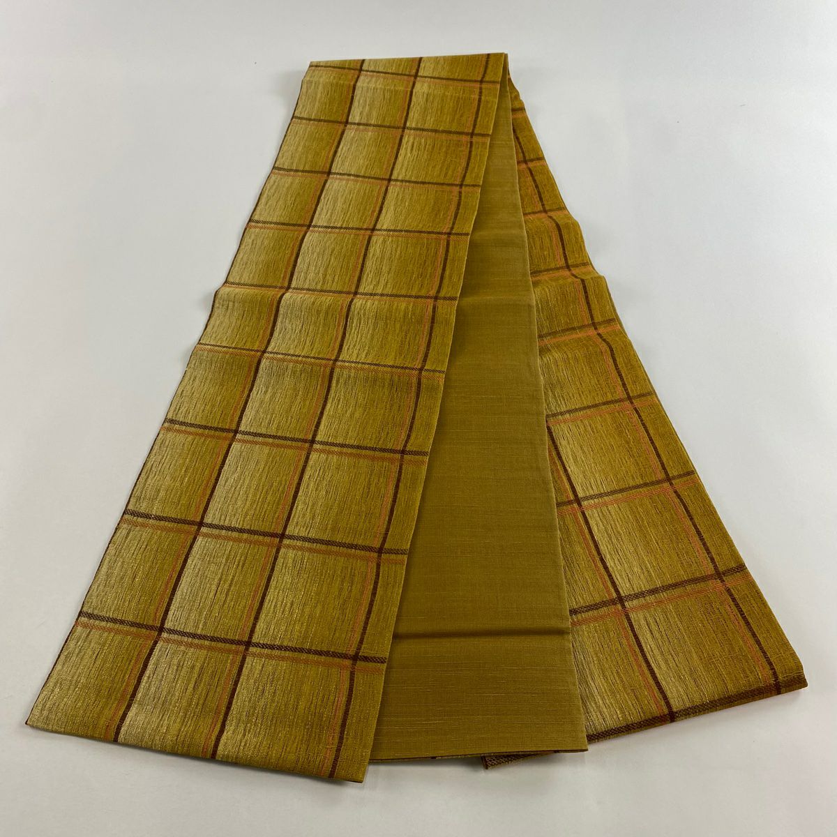 【美品】 袋帶 秀品級 鈴乃屋 格子 山吹茶 純蠶絲