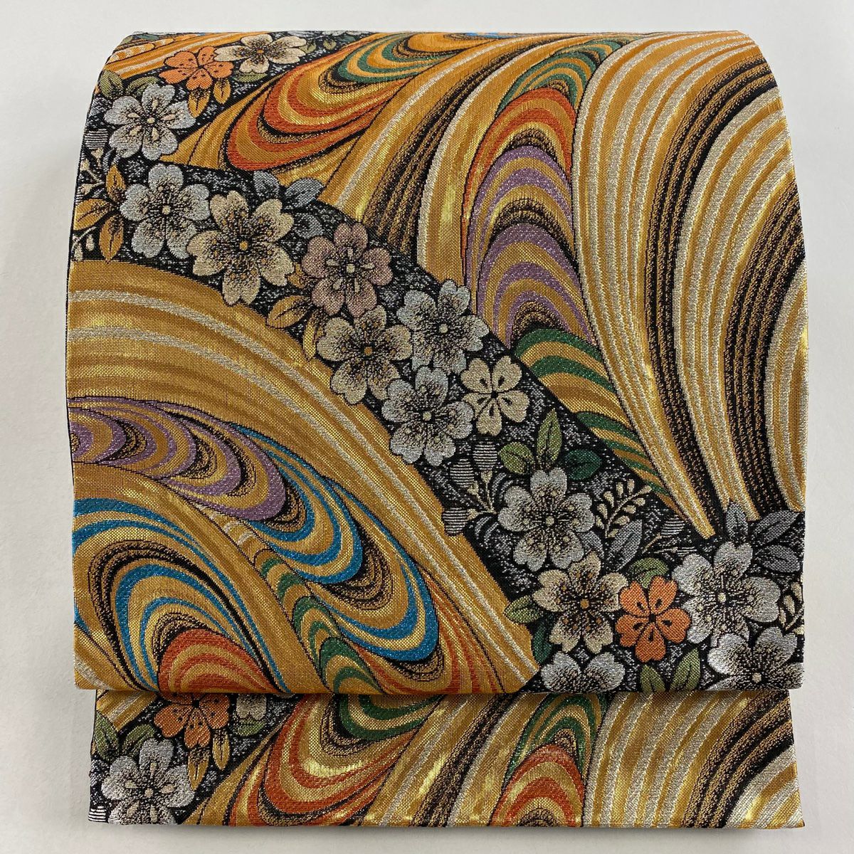 袋帶 秀品級櫻花流水 金金箔 金絲金茶 六通 純蠶絲