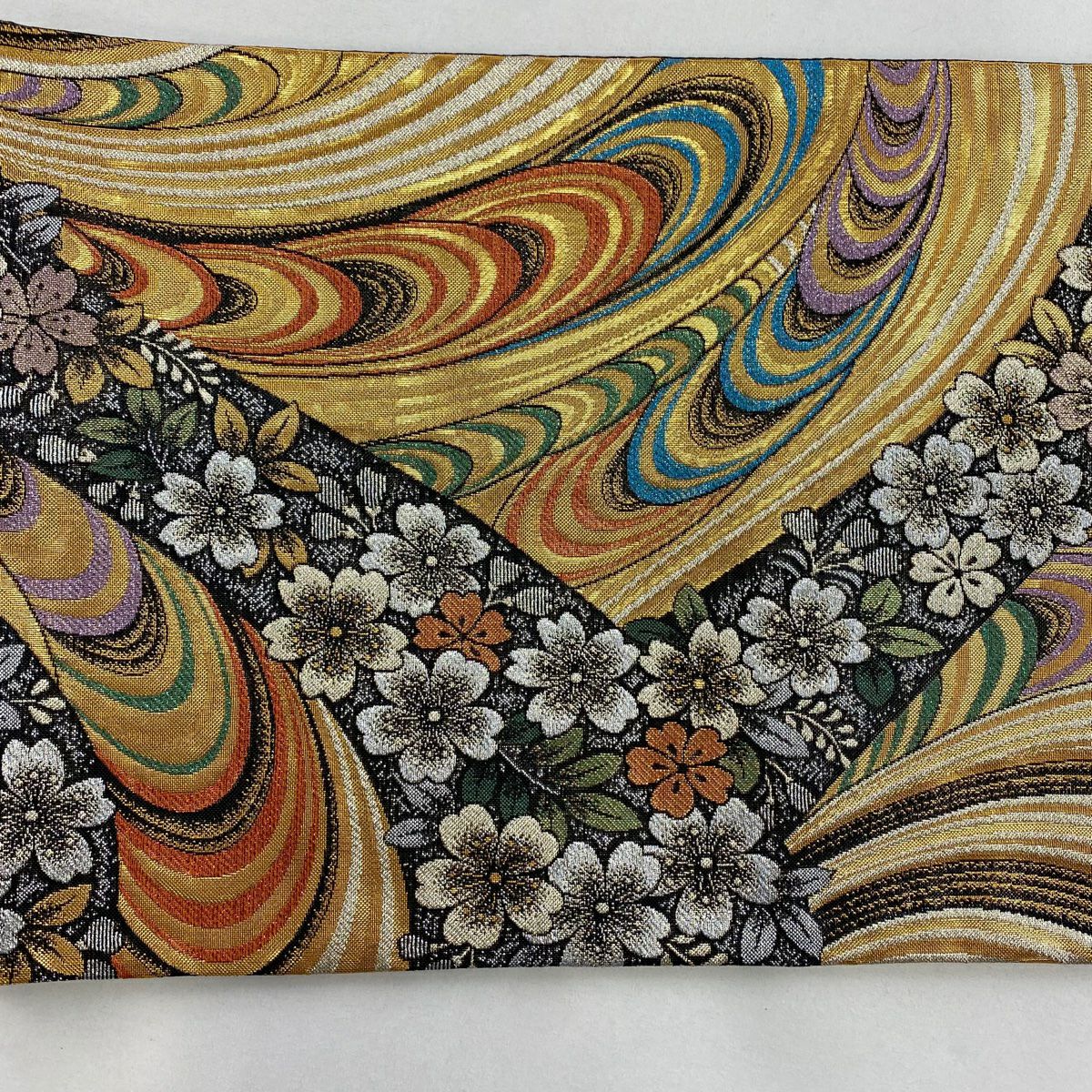 袋帶 秀品級櫻花流水 金金箔 金絲金茶 六通 純蠶絲