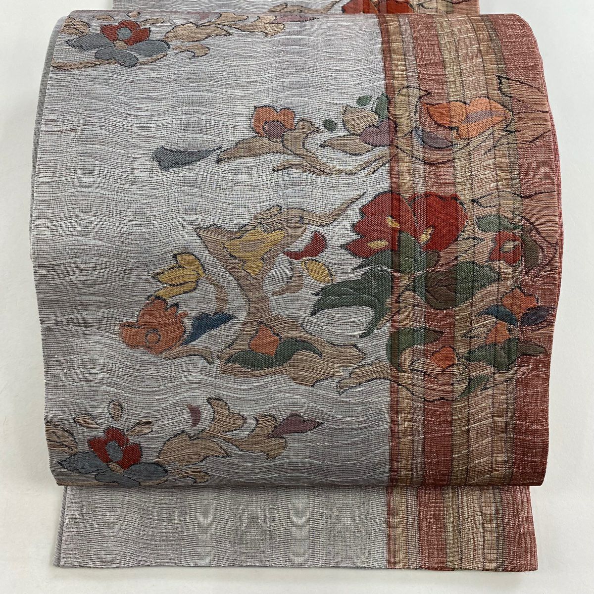 【美品】 袋帶 秀品級 草花紋紋 縞紋 金金箔 灰色 六通 純蠶絲