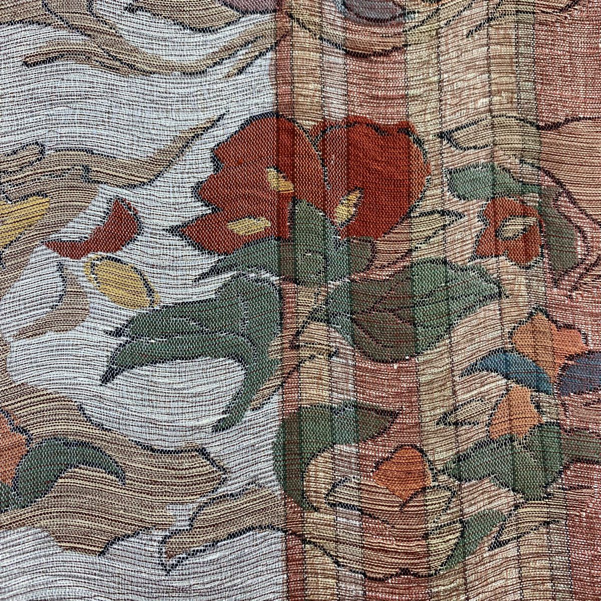 【美品】 袋帶 秀品級 草花紋紋 縞紋 金金箔 灰色 六通 純蠶絲