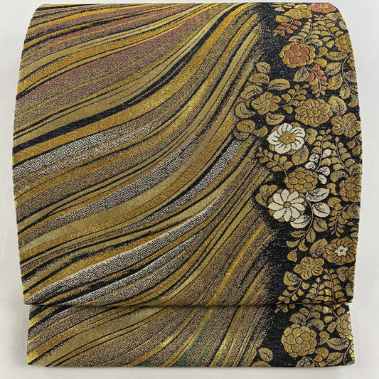 【美品】 袋帶 優品級 草花紋紋 幾何學 金絲 金金箔 金色 六通 純蠶絲