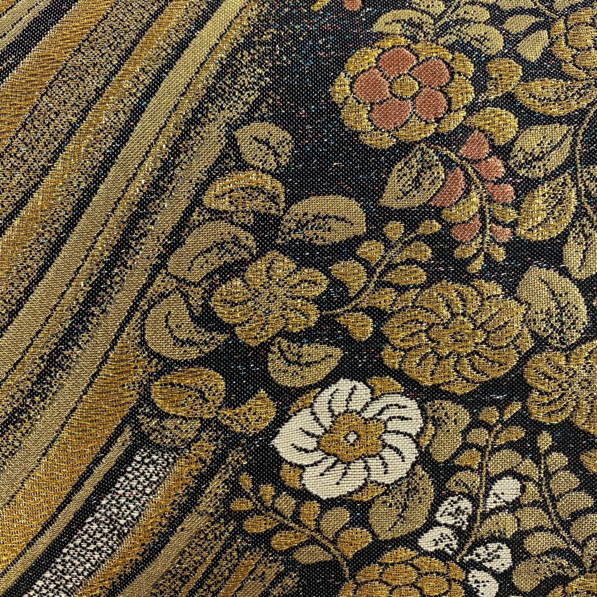 【美品】 袋帶 優品級 草花紋紋 幾何學 金絲 金金箔 金色 六通 純蠶絲