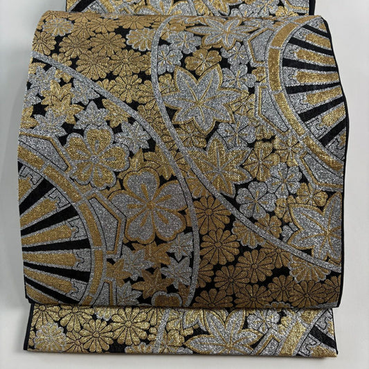 袋帶 秀品級 草花紋紋 源氏車 金金箔 黑 六通 純蠶絲