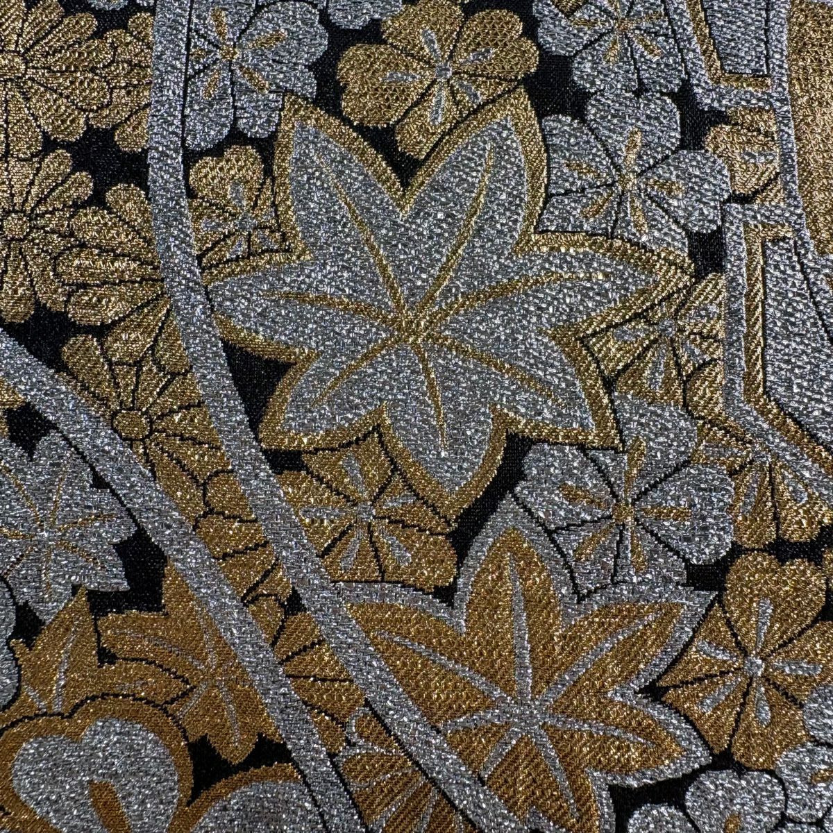 袋帶 秀品級 草花紋紋 源氏車 金金箔 黑 六通 純蠶絲