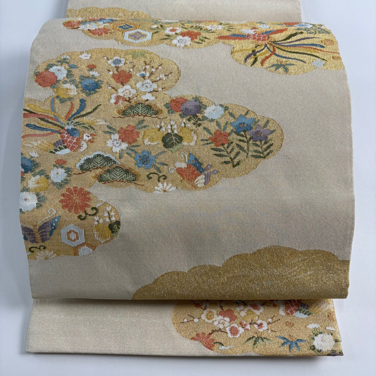 【美品】 袋帶 秀品級 鳳凰 松樹竹子梅花 金絲 米色 大鼓圖案 純蠶絲