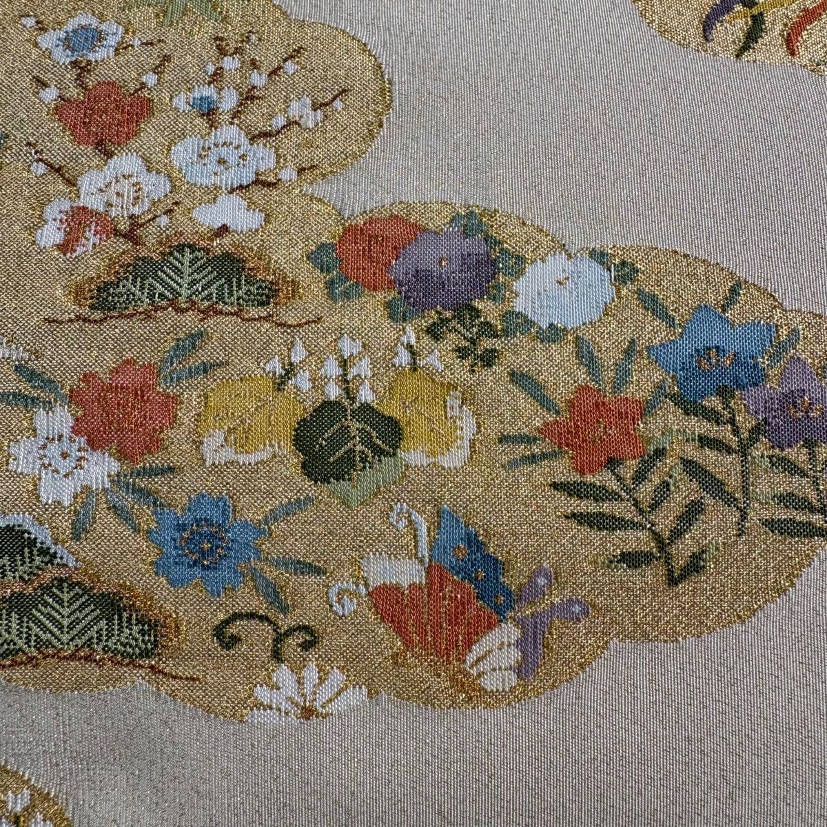 【美品】 袋帶 秀品級 鳳凰 松樹竹子梅花 金絲 米色 大鼓圖案 純蠶絲