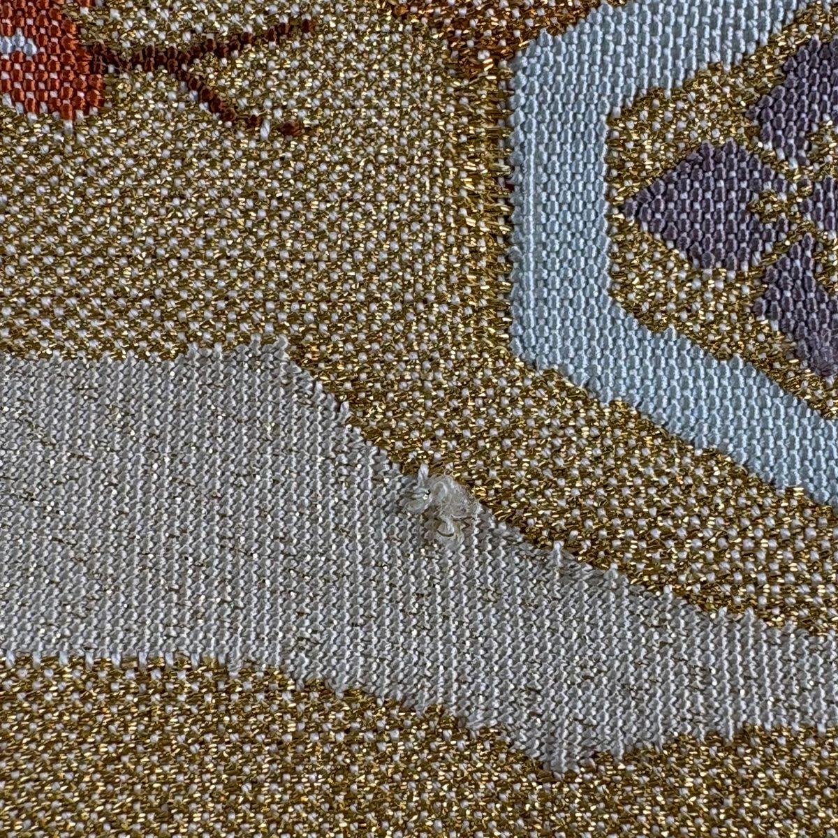 【美品】 袋帶 秀品級 鳳凰 松樹竹子梅花 金絲 米色 大鼓圖案 純蠶絲