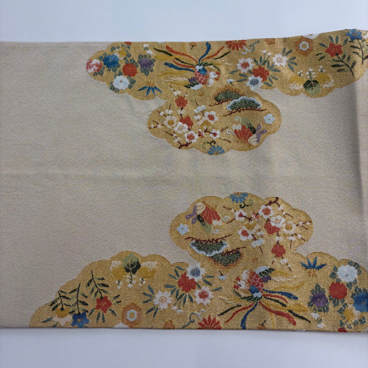 【美品】 袋帶 秀品級 鳳凰 松樹竹子梅花 金絲 米色 大鼓圖案 純蠶絲