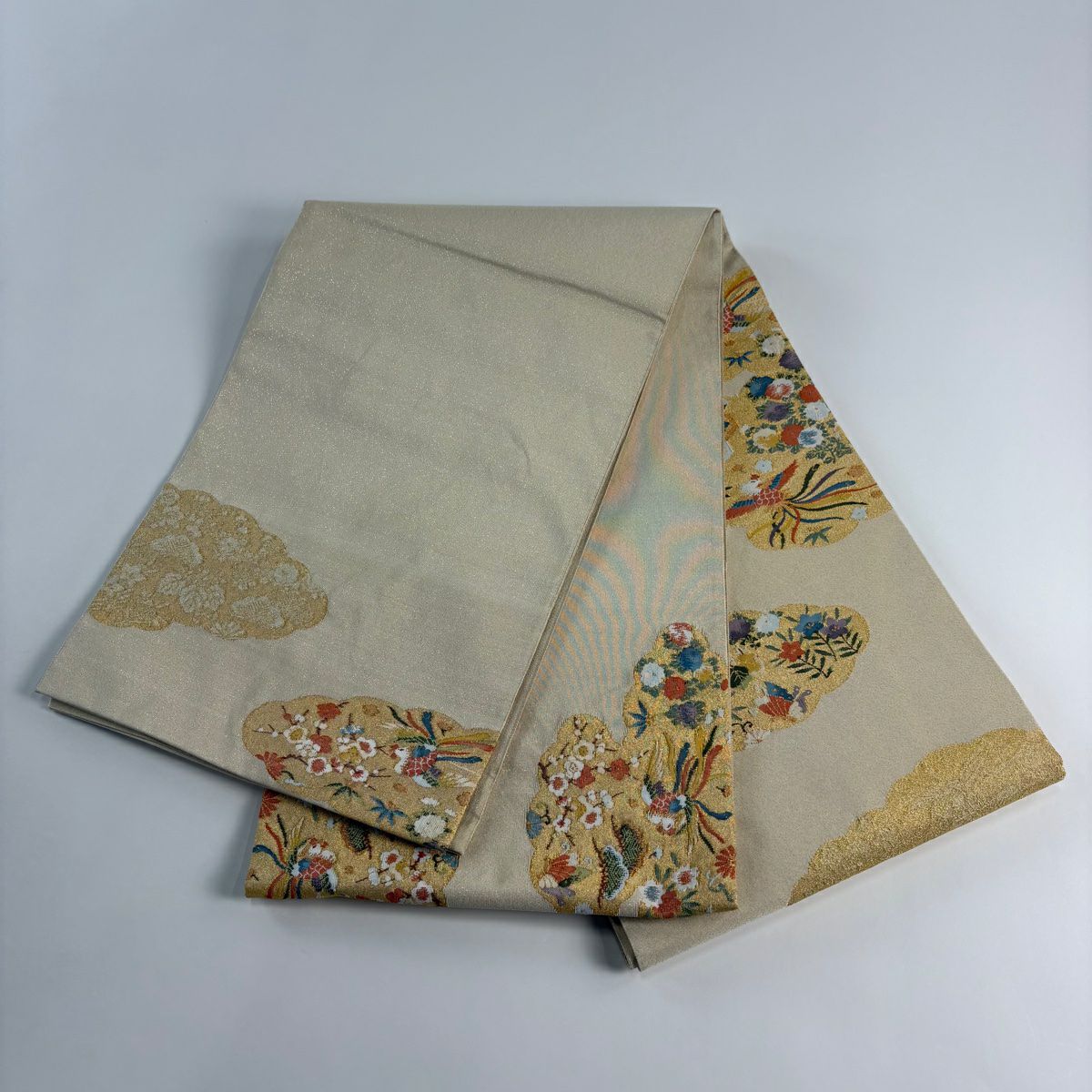 【美品】 袋帶 秀品級 鳳凰 松樹竹子梅花 金絲 米色 大鼓圖案 純蠶絲