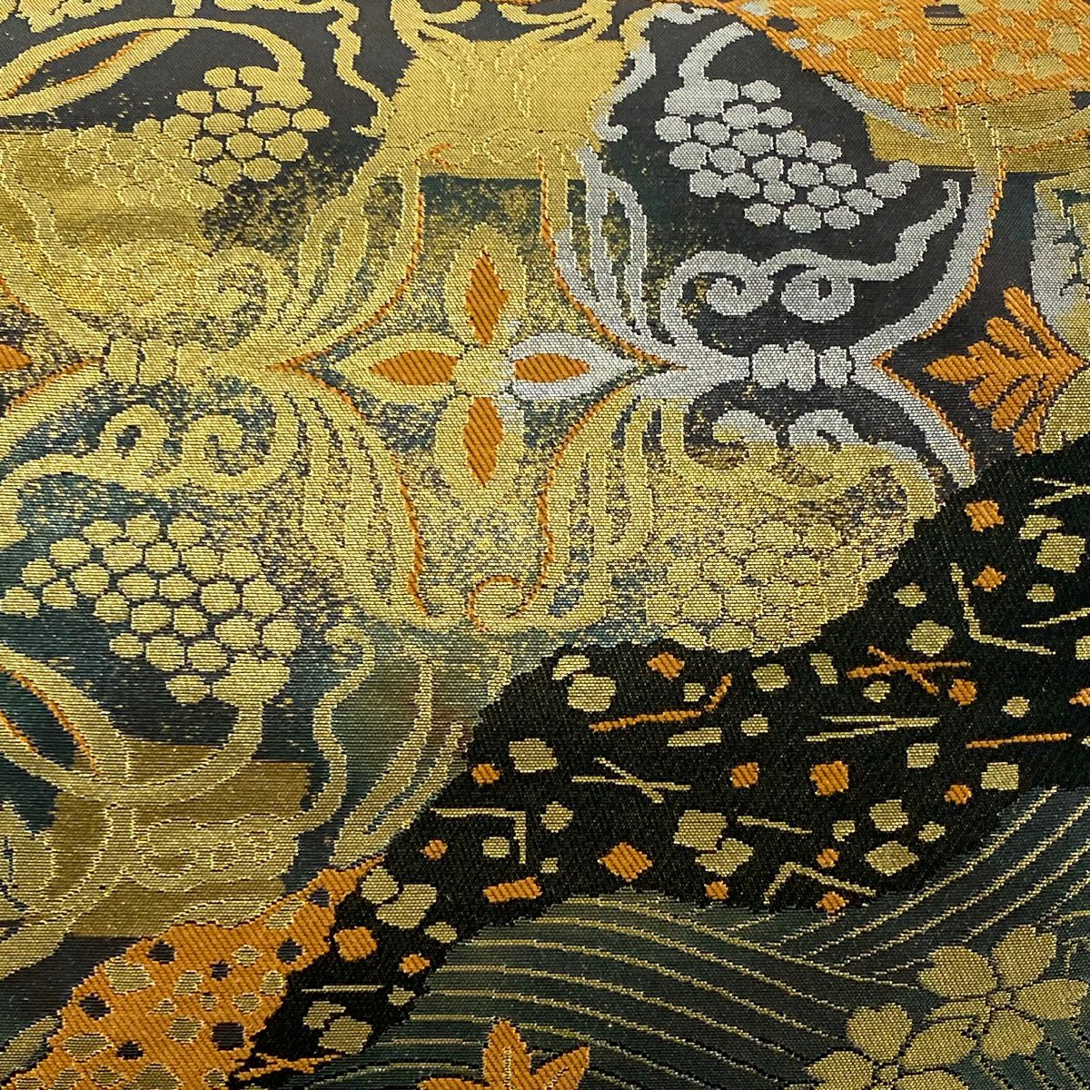 【庫存清倉】 袋帶 名品級 服部織物 附落款 琥珀錦 雙層金金箔織 手工藝 關西仕立 華紋 葡萄唐草紋 金絲 金金箔 灰綠 六通 純蠶絲