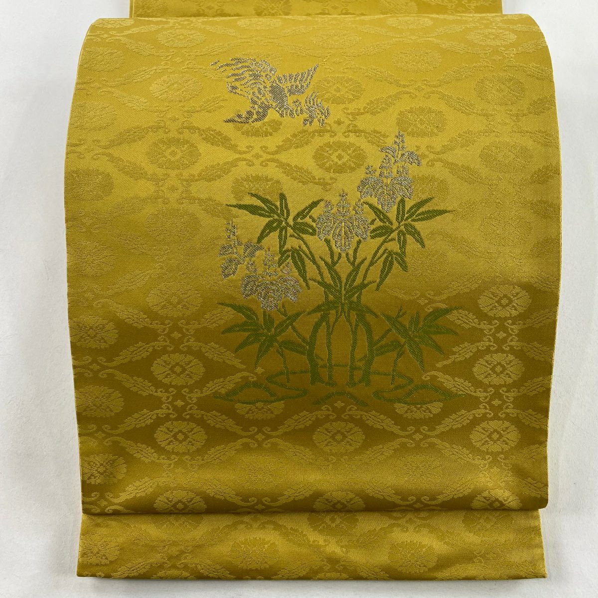 【美品】 袋帶 逸品級 落款あり 桐竹子鳳凰 金金箔 黃土 深藍色 お太鼓柄 純蠶絲