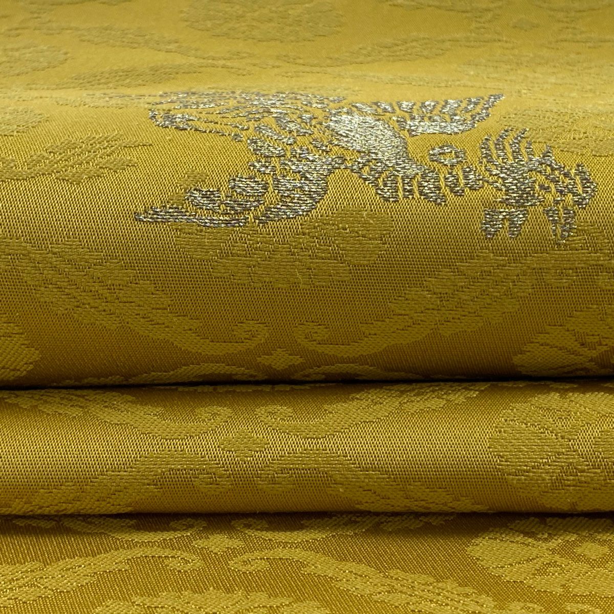 【美品】 袋帶 逸品級 落款あり 桐竹子鳳凰 金金箔 黃土 深藍色 お太鼓柄 純蠶絲