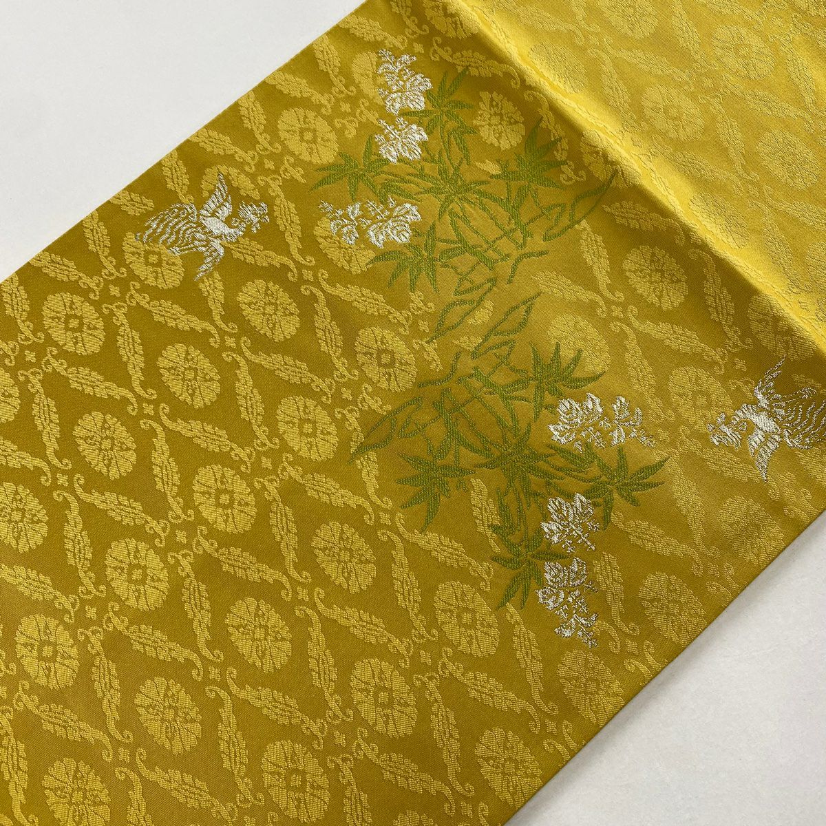 【美品】 袋帶 逸品級 落款あり 桐竹子鳳凰 金金箔 黃土 深藍色 お太鼓柄 純蠶絲
