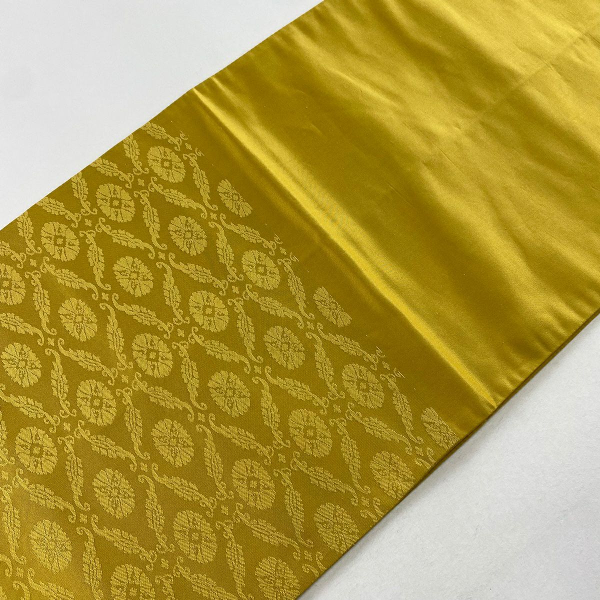 【美品】 袋帶 逸品級 落款あり 桐竹子鳳凰 金金箔 黃土 深藍色 お太鼓柄 純蠶絲