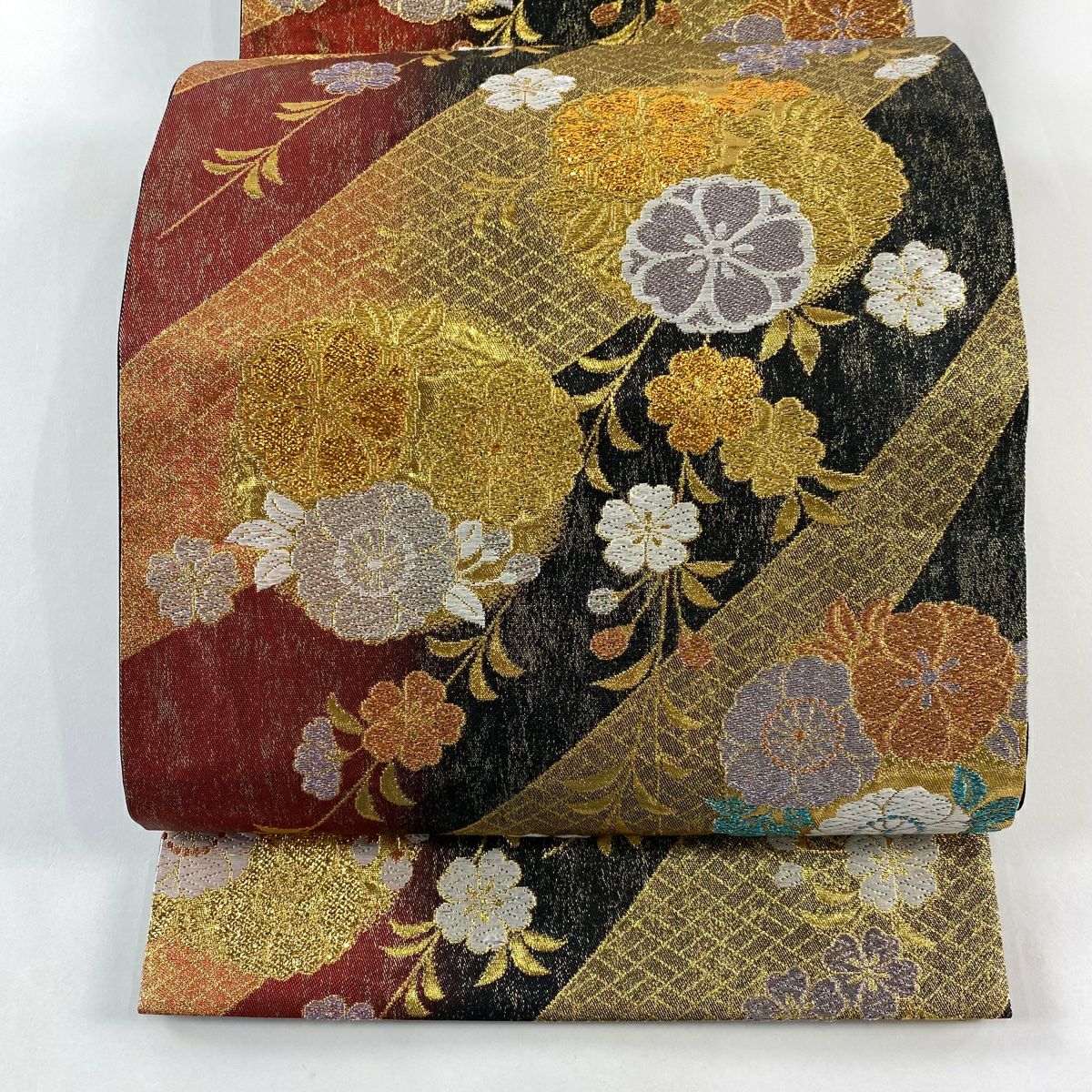 【美品】 袋帶 秀品級 花丸紋 櫻花 金銀彩 金金箔 黑 六通 純蠶絲