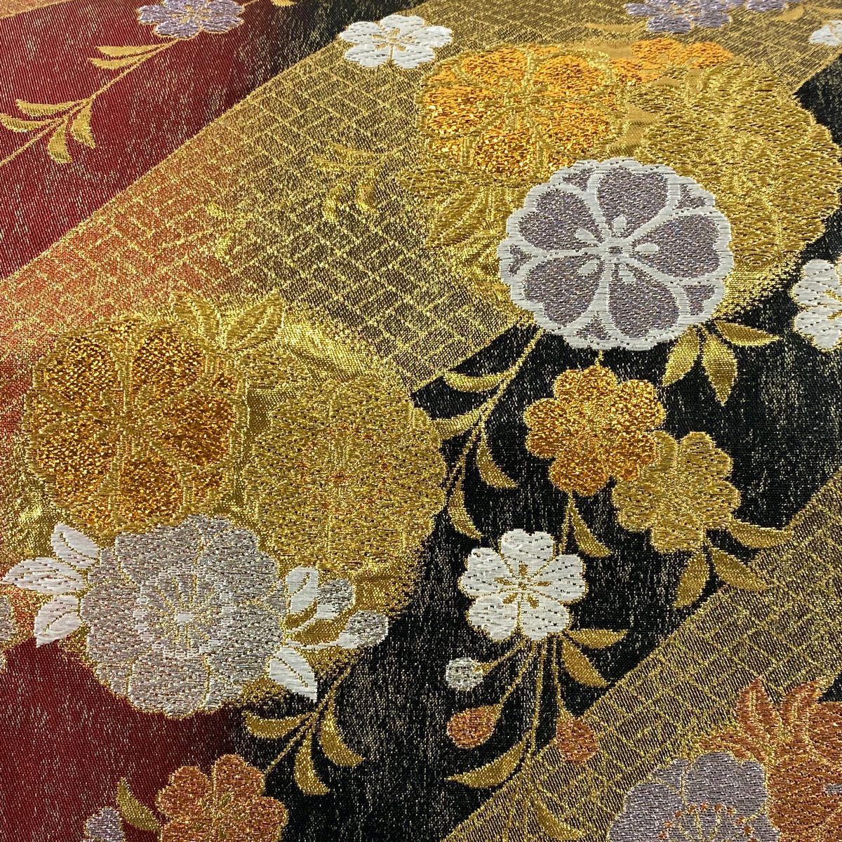 【美品】 袋帶 秀品級 花丸紋 櫻花 金銀彩 金金箔 黑 六通 純蠶絲