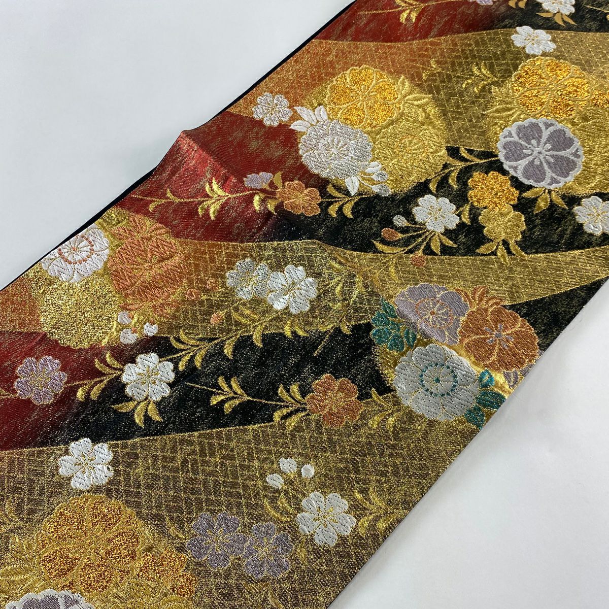 【美品】 袋帶 秀品級 花丸紋 櫻花 金銀彩 金金箔 黑 六通 純蠶絲
