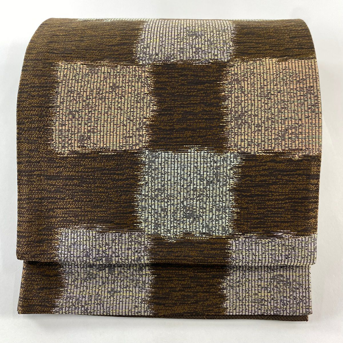 【美品】 袋帶 秀品級 市松樹 金絲 茶 六通 純蠶絲