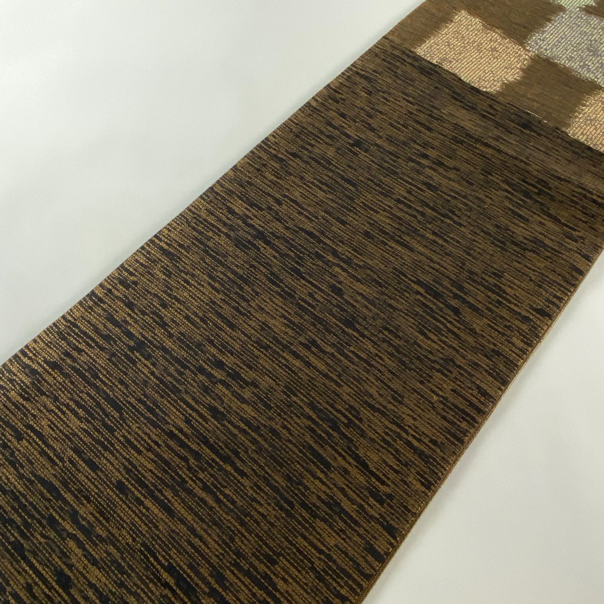 【美品】 袋帶 秀品級 市松樹 金絲 茶 六通 純蠶絲
