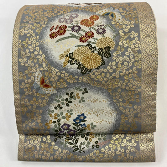 袋帶 秀品級 有落款 纏繞 草花紋 蝶 金絲 金金箔 灰色 六通 純蠶絲