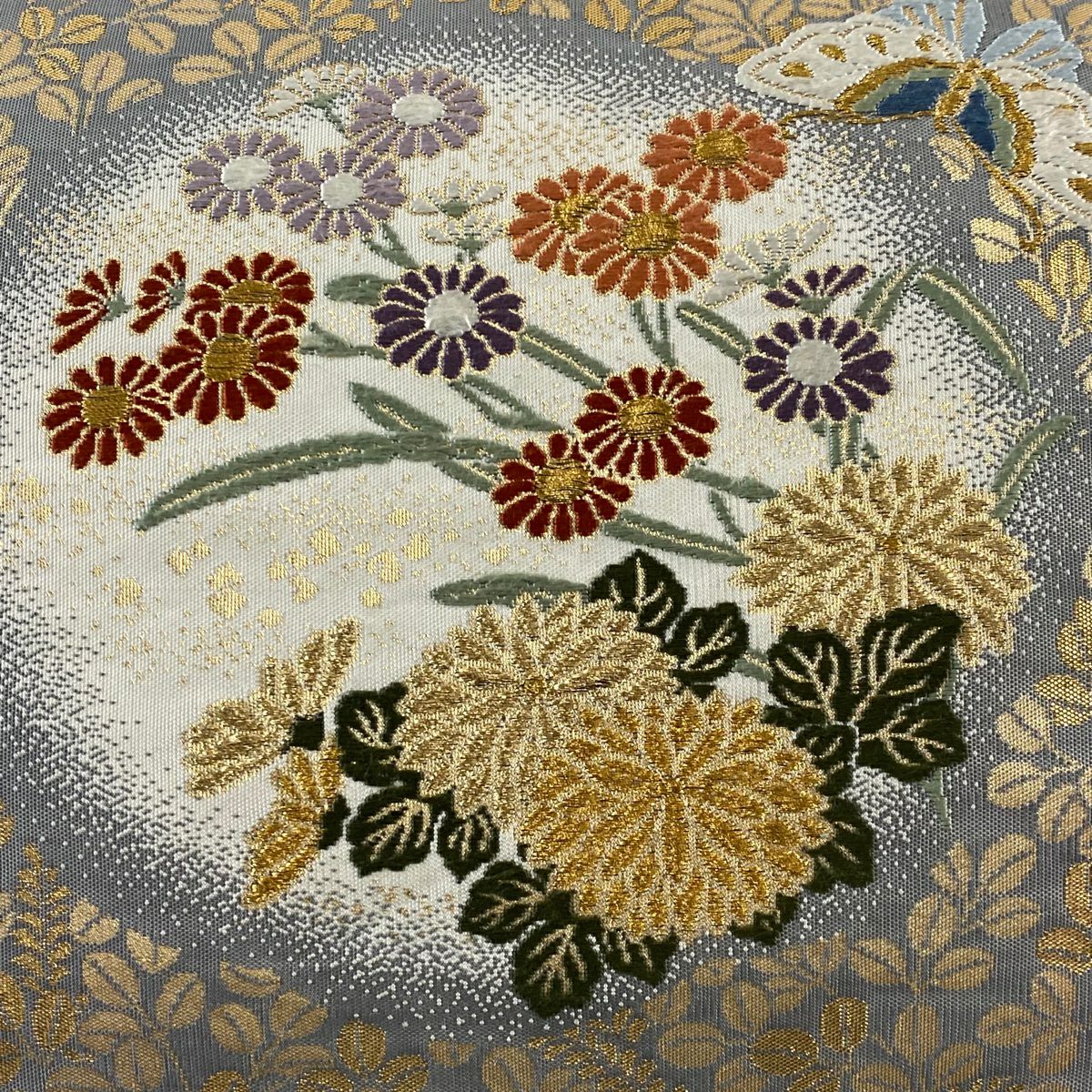 袋帶 秀品級 有落款 纏繞 草花紋 蝶 金絲 金金箔 灰色 六通 純蠶絲