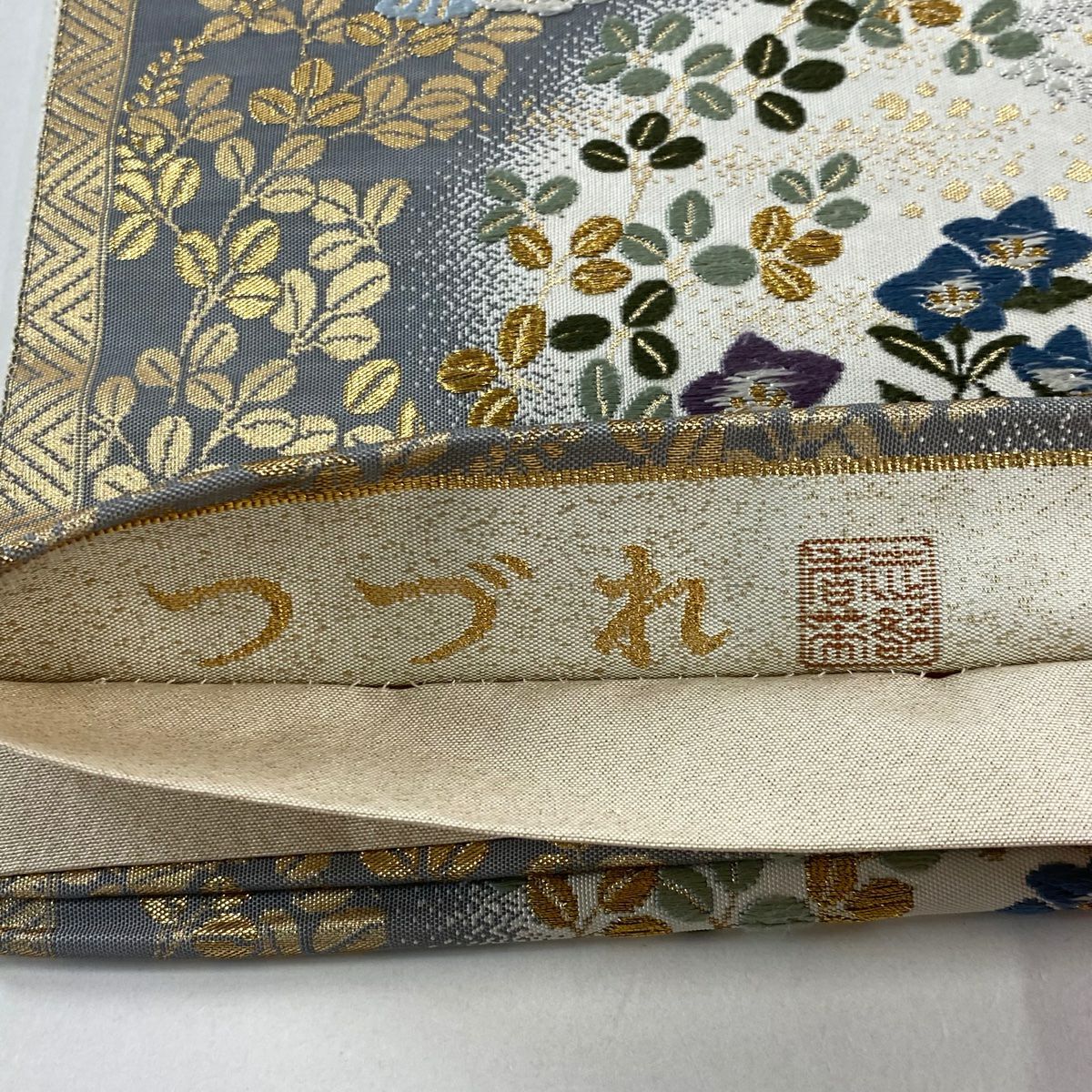 袋帶 秀品級 有落款 纏繞 草花紋 蝶 金絲 金金箔 灰色 六通 純蠶絲