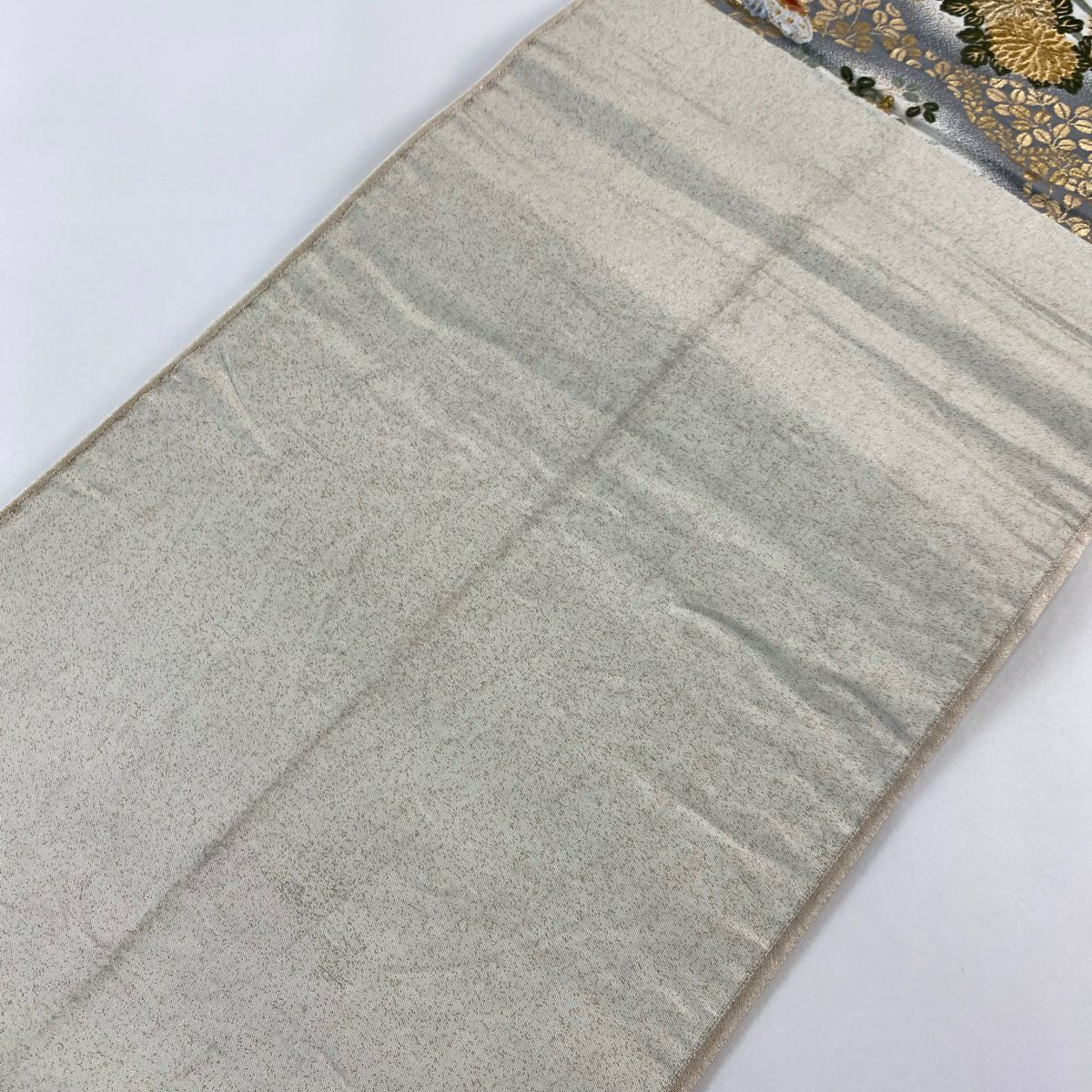 袋帶 秀品級 有落款 纏繞 草花紋 蝶 金絲 金金箔 灰色 六通 純蠶絲