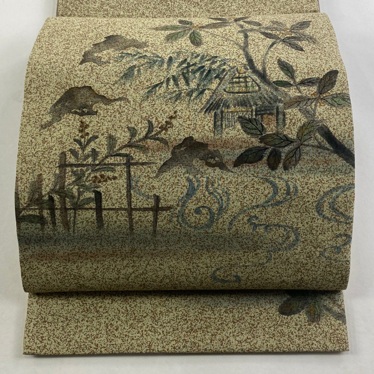 袋帶 秀品級 紬織織 家屋 枝花 金彩裝飾 灰綠 お太鼓柄 純蠶絲