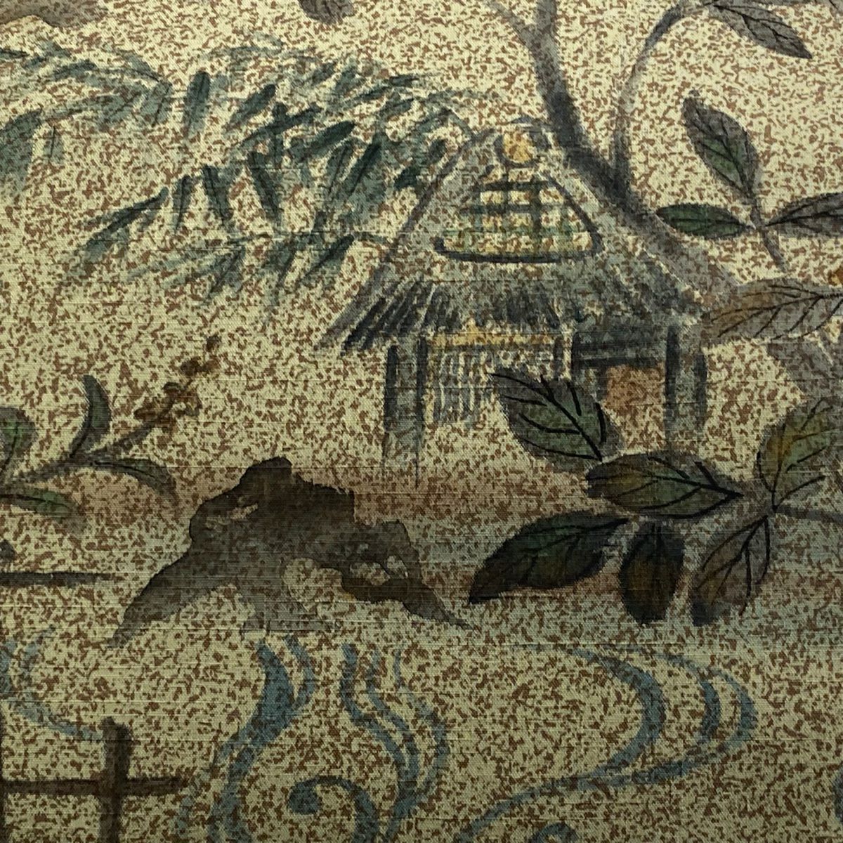 袋帶 秀品級 紬織織 家屋 枝花 金彩裝飾 灰綠 お太鼓柄 純蠶絲
