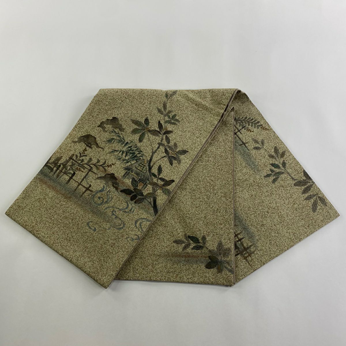 袋帶 秀品級 紬織織 家屋 枝花 金彩裝飾 灰綠 お太鼓柄 純蠶絲