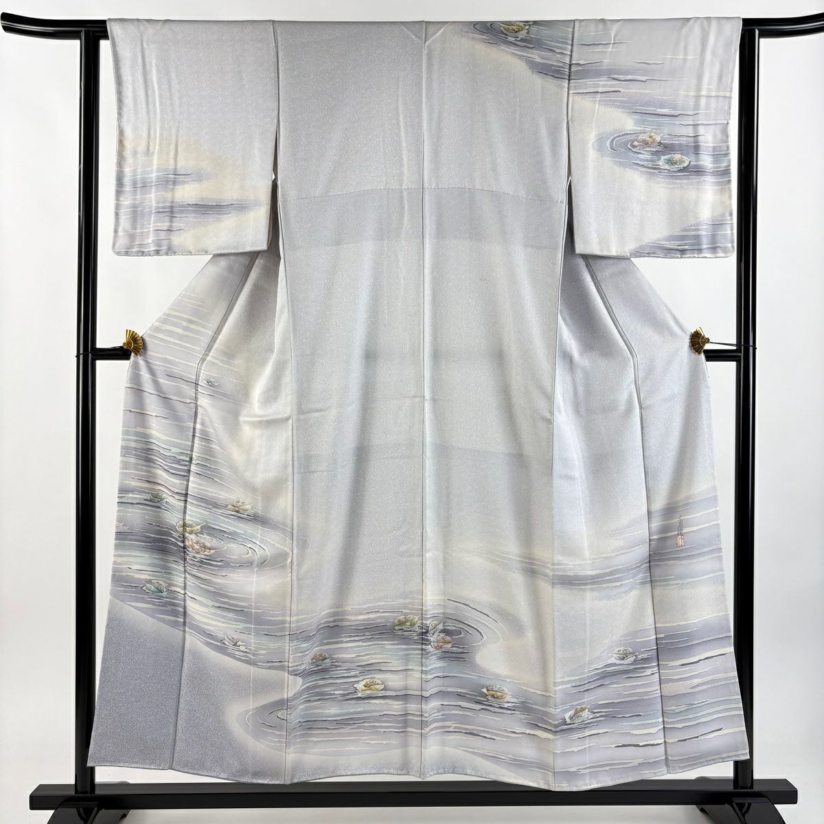 訪問服 身長153.5cm 袖長61.5cm S 雙層 落款あり 流水 葉柄 金彩裝飾 漸層 灰色 純蠶絲 秀品級