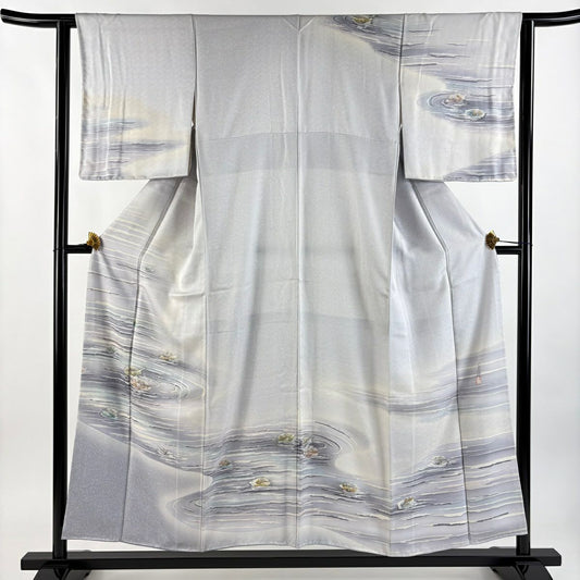 訪問服 身長153.5cm 袖長61.5cm S 雙層 落款あり 流水 葉柄 金彩裝飾 漸層 灰色 純蠶絲 秀品級