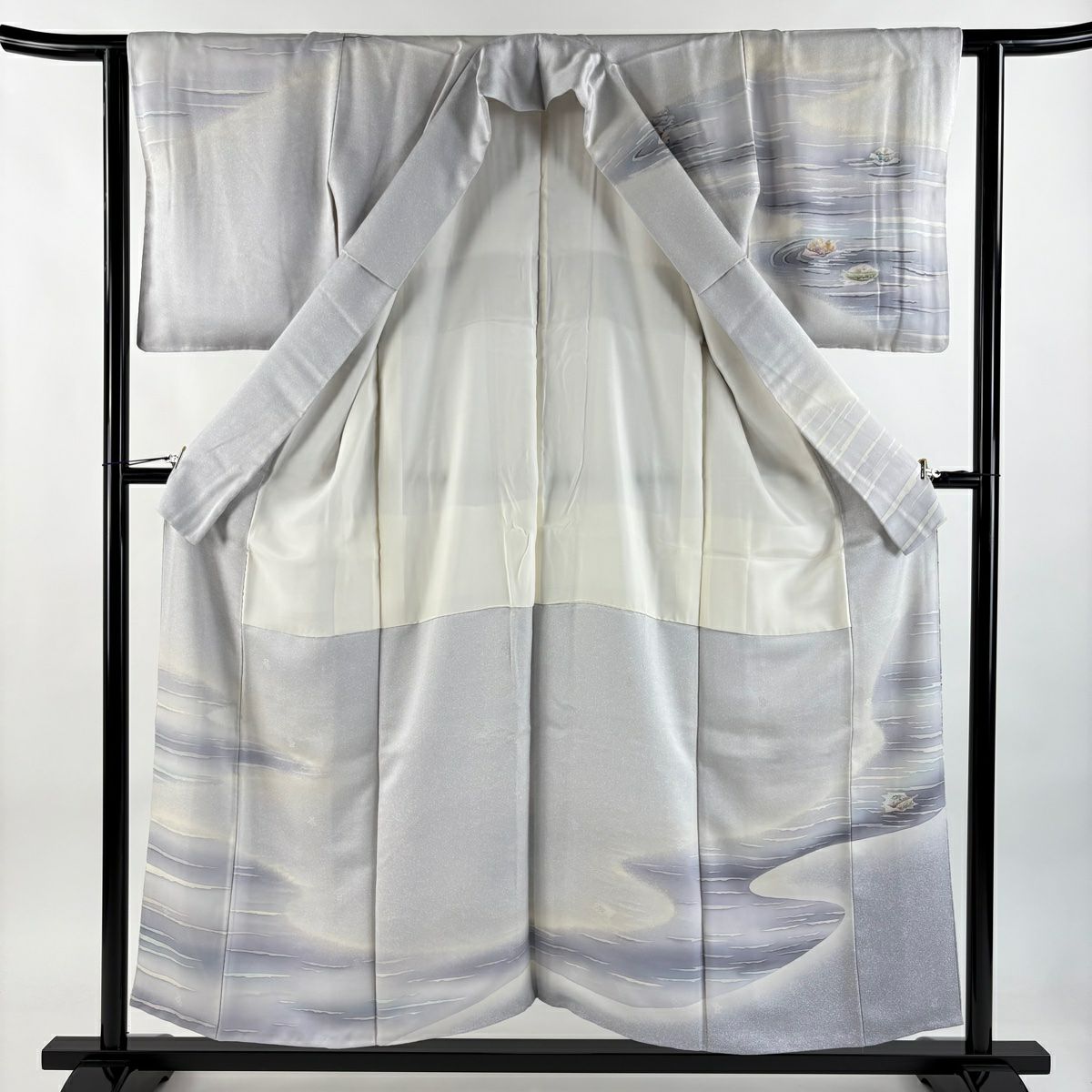 訪問服 身長153.5cm 袖長61.5cm S 雙層 落款あり 流水 葉柄 金彩裝飾 漸層 灰色 純蠶絲 秀品級