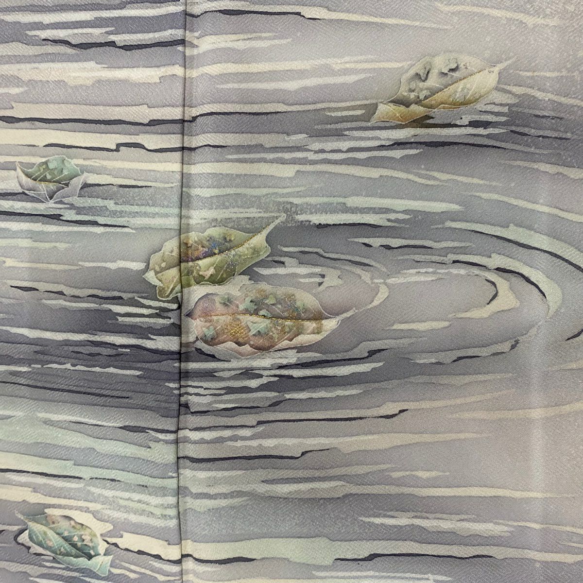 訪問服 身長153.5cm 袖長61.5cm S 雙層 落款あり 流水 葉柄 金彩裝飾 漸層 灰色 純蠶絲 秀品級