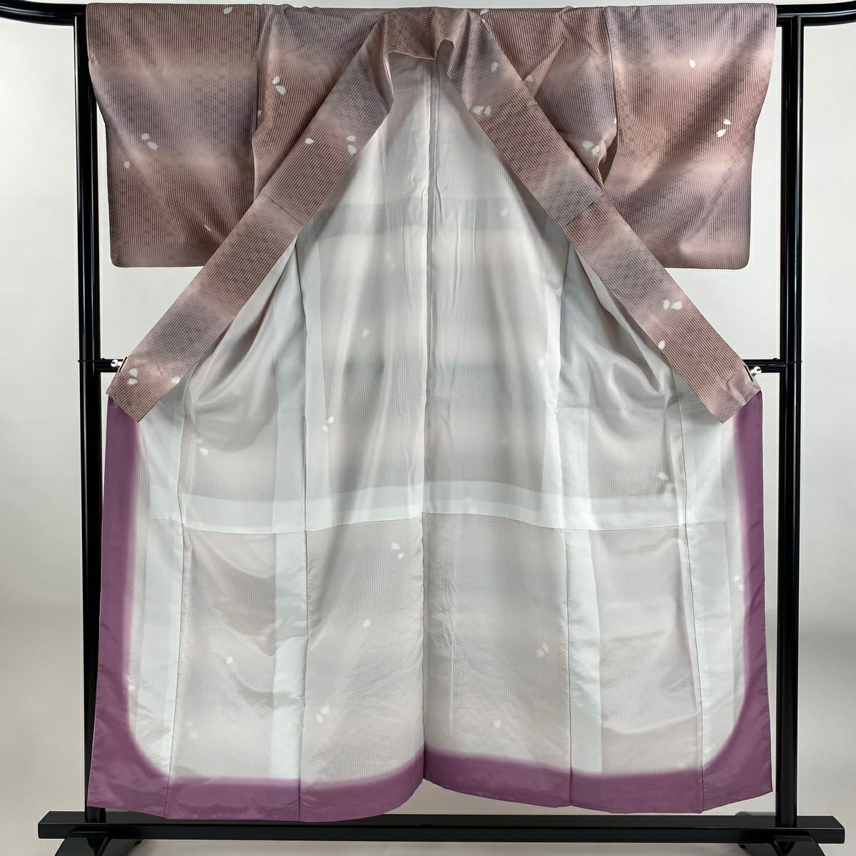 【美品】 小紋 身長154.5cm 袖長62.5cm S 雙層 花瓣 垂直條紋 漸層 粉紅 純蠶絲 優品級