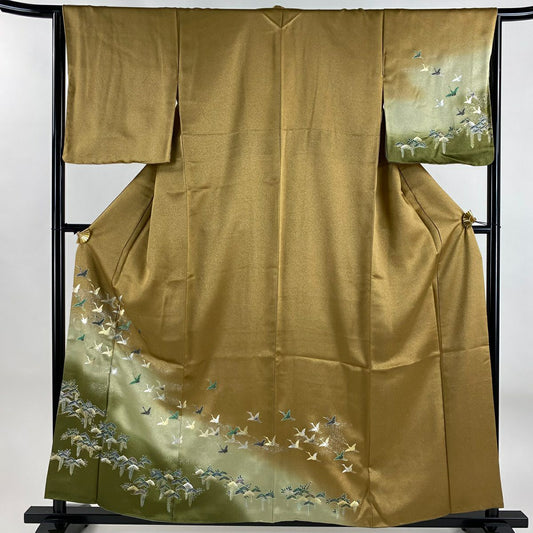 付下 身長159.5cm 袖長65.5cm M 雙層 仙鶴 松樹 螺鈿 金銀彩 茶 純蠶絲 秀品級