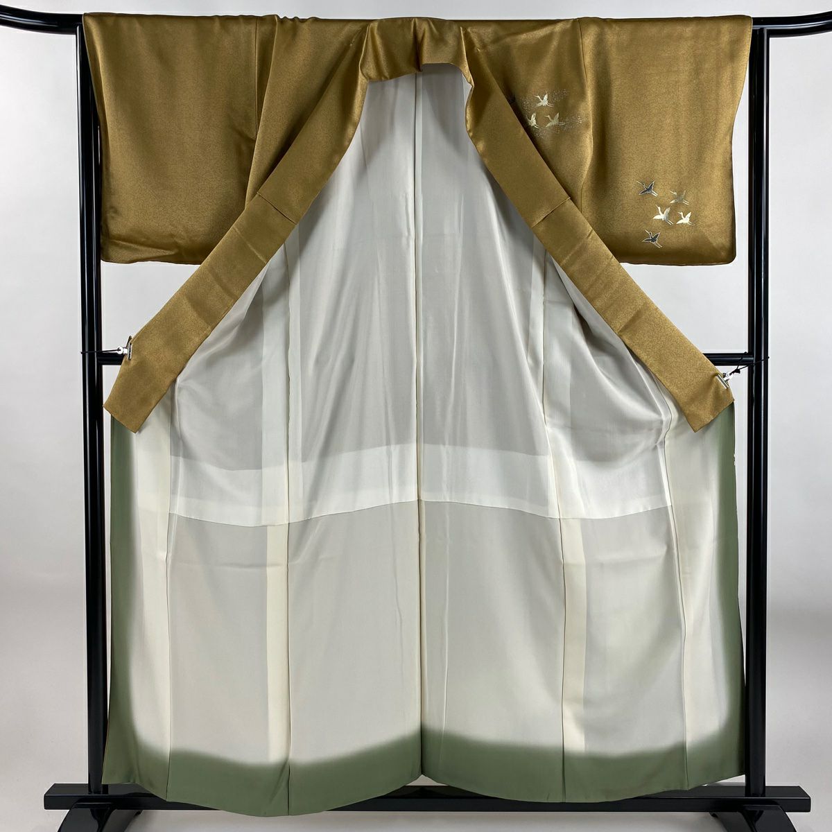 付下 身長159.5cm 袖長65.5cm M 雙層 仙鶴 松樹 螺鈿 金銀彩 茶 純蠶絲 秀品級